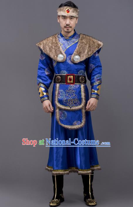 Chinese Traditional Mongol Nationality Stage Show Royalblue Garment Ethnic Folk Dance Costume for Men