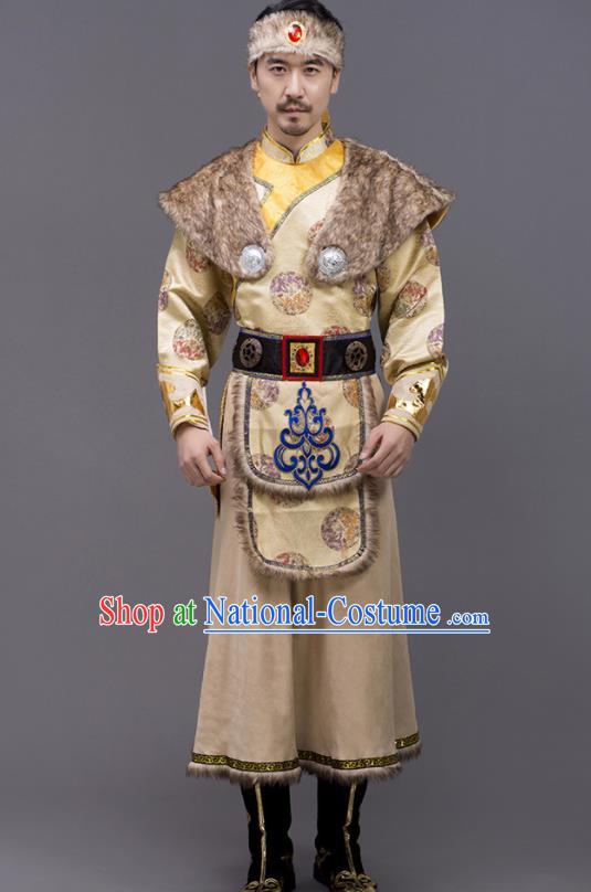 Chinese Traditional Mongol Nationality Stage Show Ginger Garment Ethnic Folk Dance Costume for Men