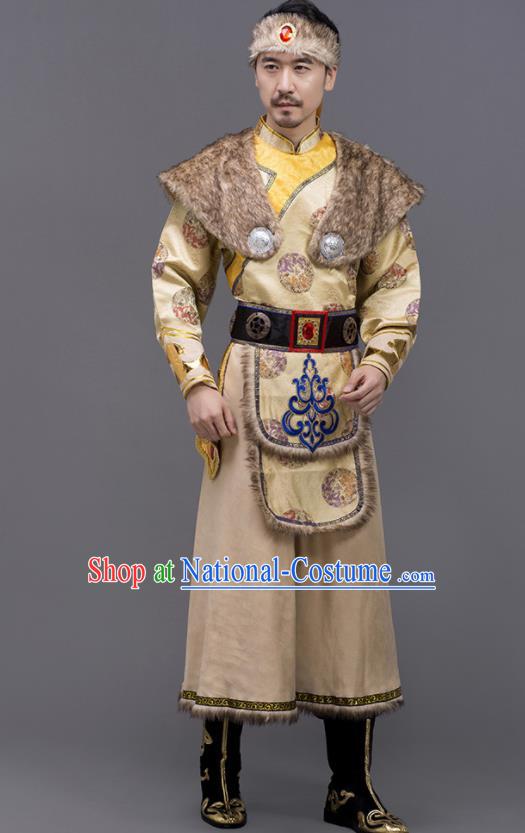 Chinese Traditional Mongol Nationality Stage Show Ginger Garment Ethnic Folk Dance Costume for Men