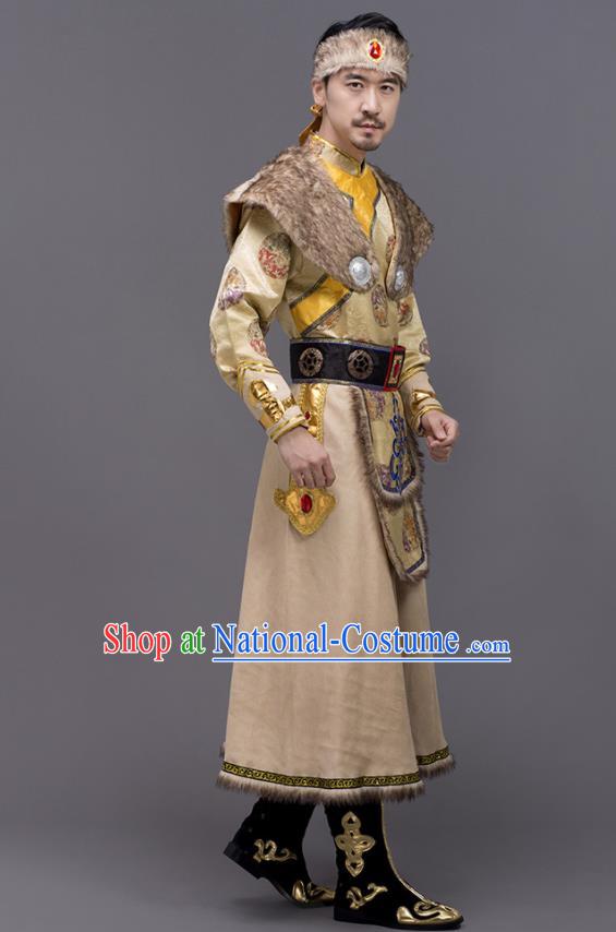 Chinese Traditional Mongol Nationality Stage Show Ginger Garment Ethnic Folk Dance Costume for Men