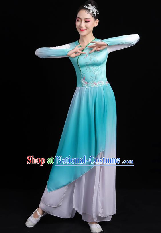 Chinese Traditional Classical Dance Blue Dress Umbrella Dance Stage Performance Costume for Women