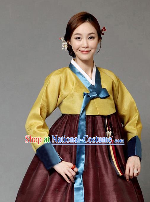 Korean Traditional Court Hanbok Ginger Blouse and Brown Dress Garment Asian Korea Fashion Costume for Women