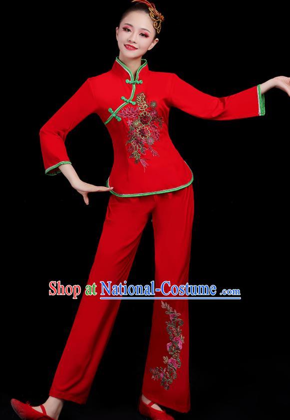 Chinese Traditional Yangko Dance Fan Dance Red Outfits Folk Dance Stage Performance Costume for Women