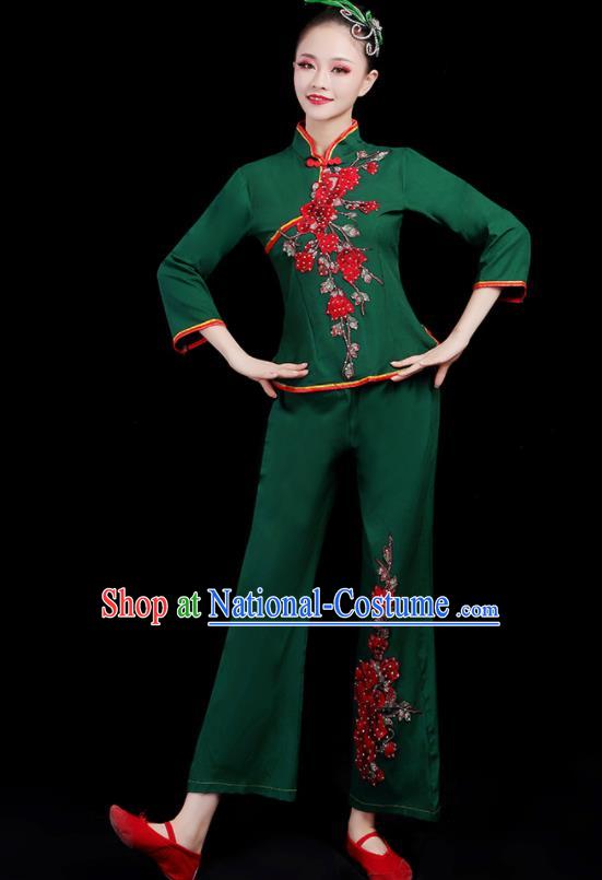 Chinese Traditional Yangko Dance Fan Dance Green Outfits Folk Dance Stage Performance Costume for Women