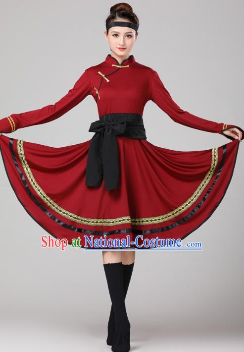 Chinese Traditional Mongol Nationality Purplish Red Dress Mongolian Ethnic Folk Dance Costume for Women