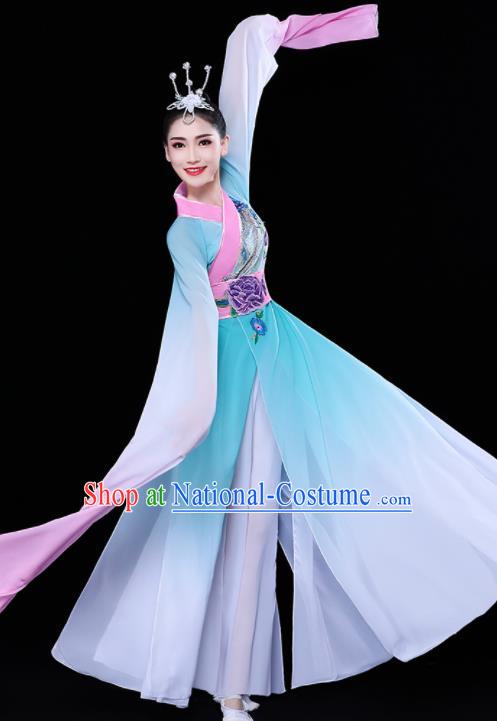 Chinese Traditional Umbrella Dance Water Sleeve Blue Dress Classical Dance Stage Performance Costume for Women