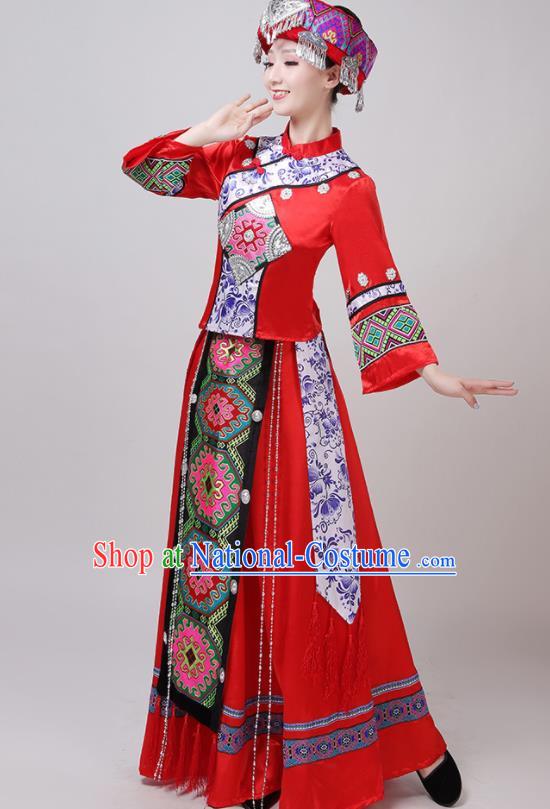 Chinese Traditional Tujia Nationality Red Dress Yi Ethnic Folk Dance Costume for Women