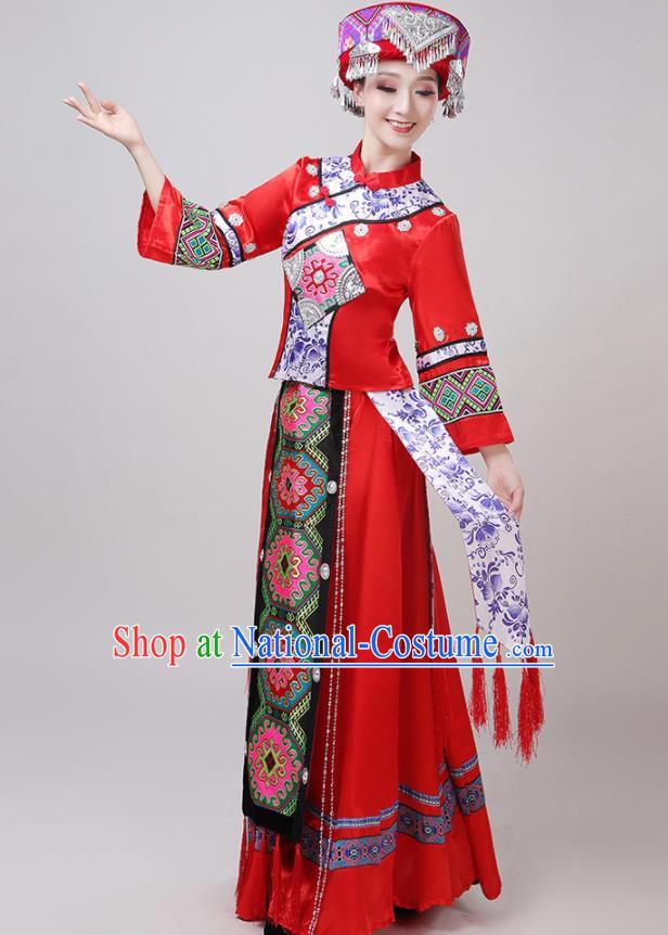 Chinese Traditional Tujia Nationality Red Dress Yi Ethnic Folk Dance Costume for Women