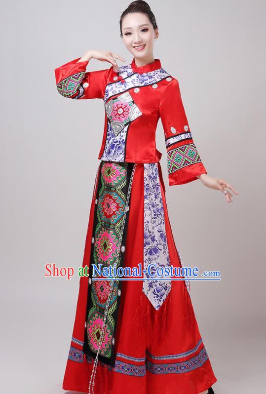 Chinese Traditional Tujia Nationality Red Dress Yi Ethnic Folk Dance Costume for Women