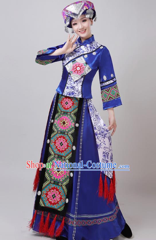 Chinese Traditional Tujia Nationality Royalblue Dress Yi Ethnic Folk Dance Costume for Women