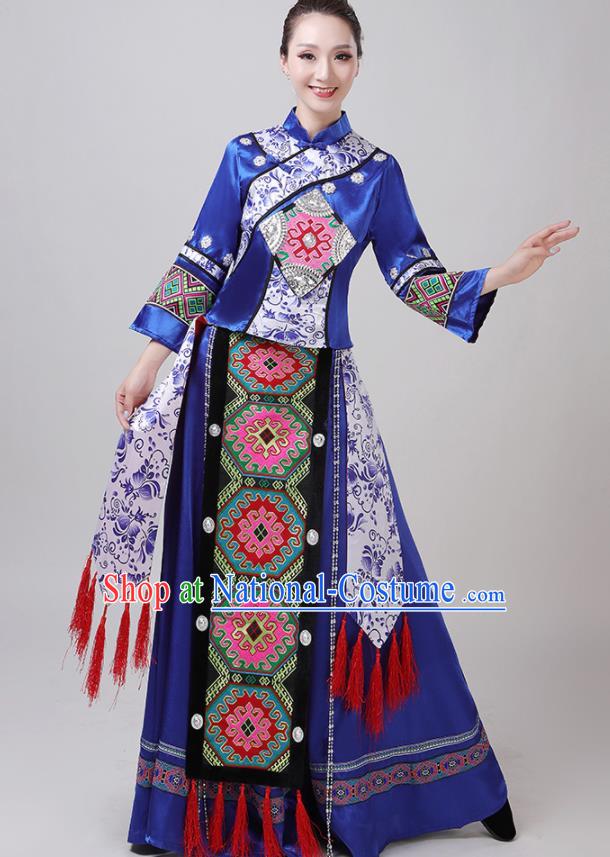 Chinese Traditional Tujia Nationality Royalblue Dress Yi Ethnic Folk Dance Costume for Women