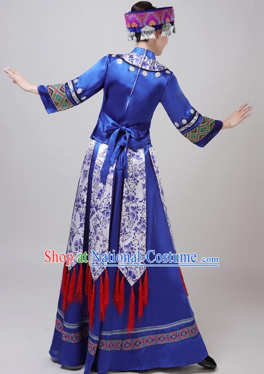 Chinese Traditional Tujia Nationality Royalblue Dress Yi Ethnic Folk Dance Costume for Women