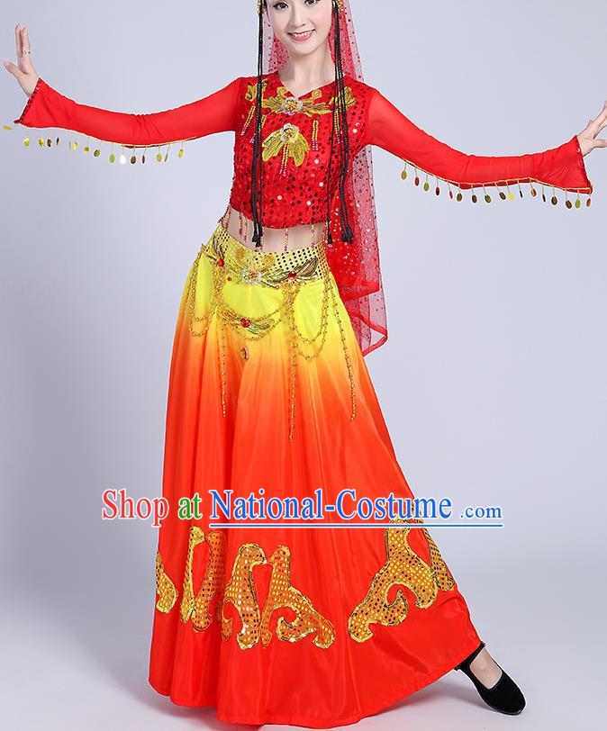 Chinese Traditional Uyghur Nationality Folk Dance Red Dress Uigurian Ethnic Costume for Women