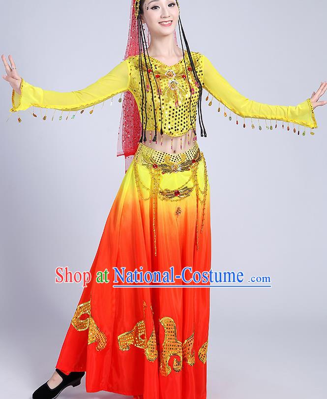 Chinese Traditional Uyghur Nationality Folk Dance Yellow Dress Uigurian Ethnic Costume for Women