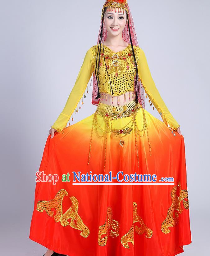 Chinese Traditional Uyghur Nationality Folk Dance Yellow Dress Uigurian Ethnic Costume for Women