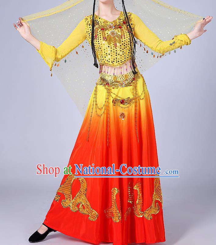 Chinese Traditional Uyghur Nationality Folk Dance Yellow Dress Uigurian Ethnic Costume for Women