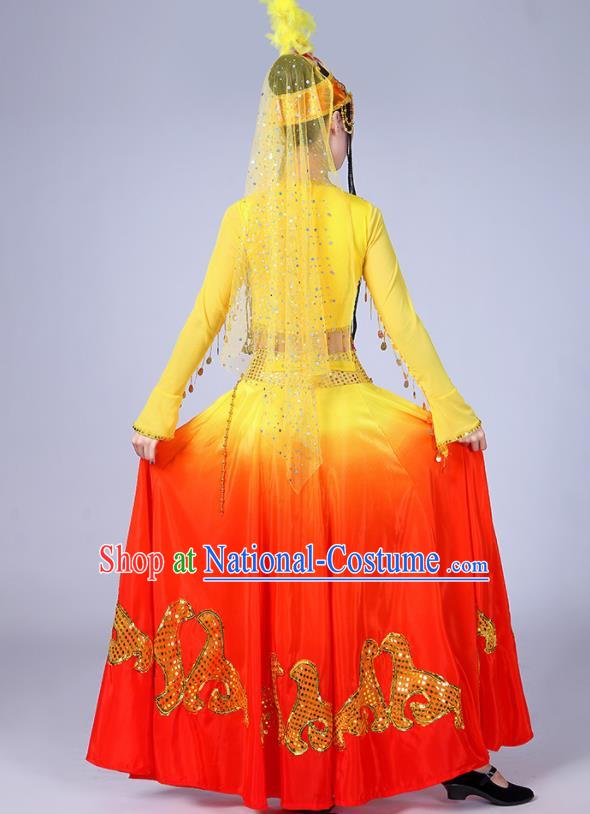 Chinese Traditional Uyghur Nationality Folk Dance Yellow Dress Uigurian Ethnic Costume for Women