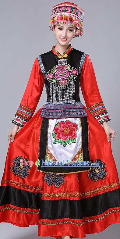 Chinese Traditional Yi Nationality Folk Dance Red Dress Ethnic Stage Show Costume for Women