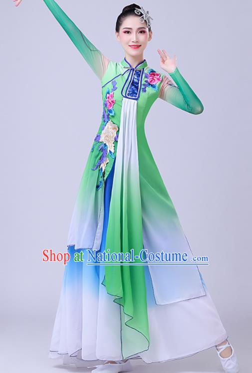 Chinese Traditional Umbrella Dance Fan Dance Green Dress Classical Dance Stage Performance Costume for Women