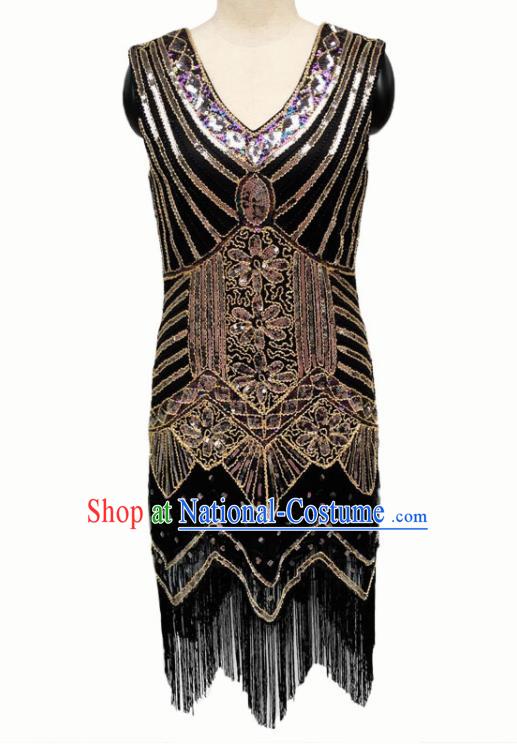 Top Professional Latin Dance Golden Sequins Tassel Black Short Dress Modern Dance Stage Performance Costume for Women