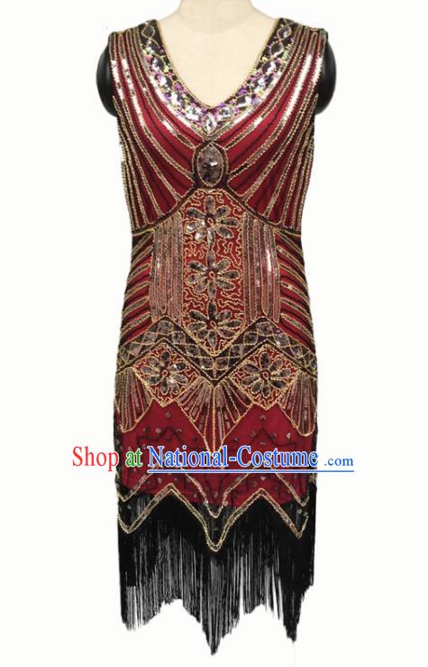 Top Professional Latin Dance Golden Sequins Tassel Red Short Dress Modern Dance Stage Performance Costume for Women