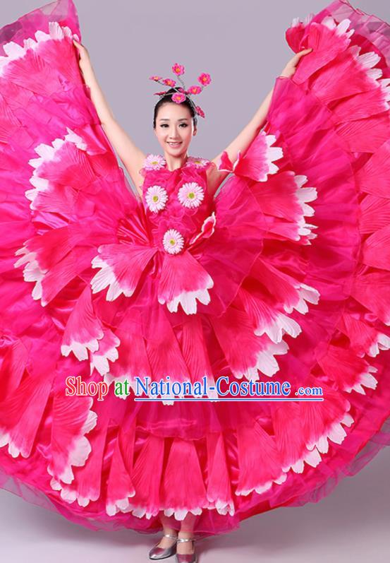 Chinese Traditional Peony Dance Fan Dance Rosy Dress Classical Dance Stage Performance Costume for Women