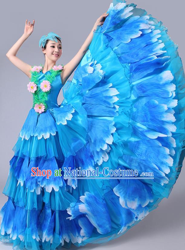 Chinese Traditional Peony Dance Fan Dance Blue Dress Classical Dance Stage Performance Costume for Women