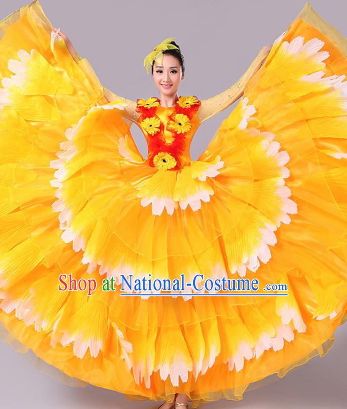 Chinese Traditional Peony Dance Fan Dance Orange Dress Classical Dance Stage Performance Costume for Women