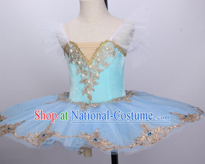 Professional Ballet Dance Tutu Blue Veil Short Dress Modern Dance Ballerina Stage Performance Costume for Kids