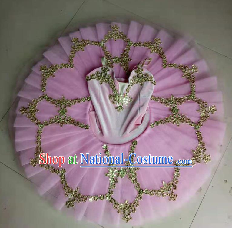 Professional Ballet Dance Tutu Sequins Pink Short Dress Modern Dance Ballerina Stage Performance Costume for Kids