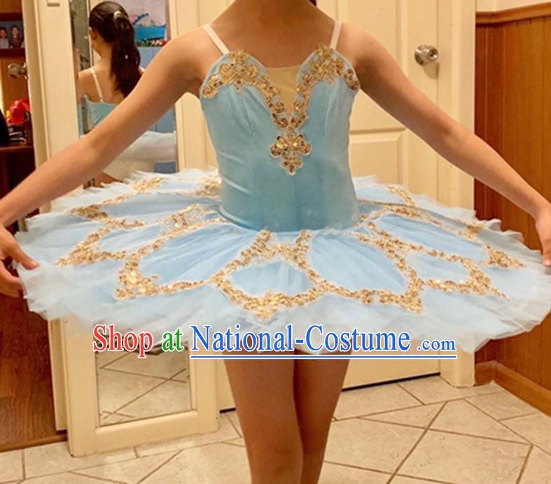 Professional Ballet Dance Tutu Sequins Blue Short Dress Modern Dance Ballerina Stage Performance Costume for Kids