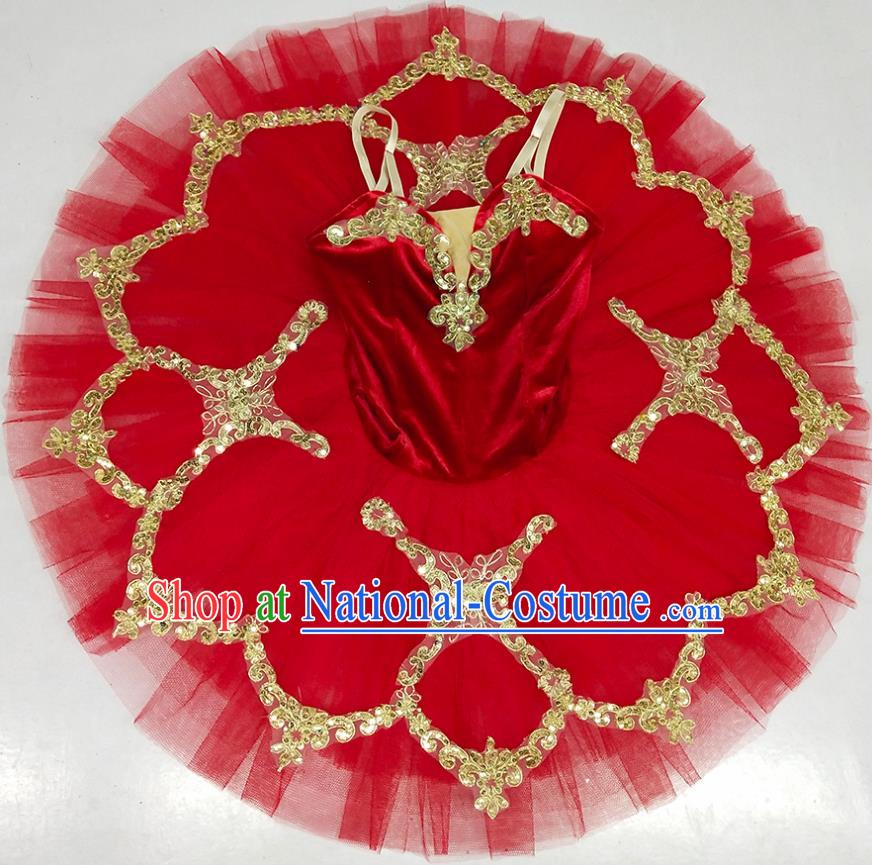 Professional Ballet Dance Tutu Sequins Red Short Dress Modern Dance Ballerina Stage Performance Costume for Kids