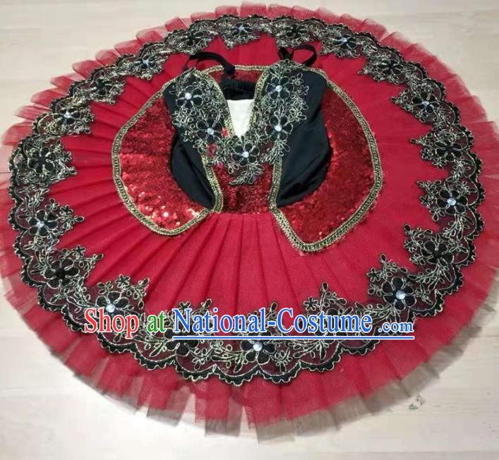 Professional Ballet Dance Tutu Embroidered Red Short Dress Modern Dance Ballerina Stage Performance Costume for Kids