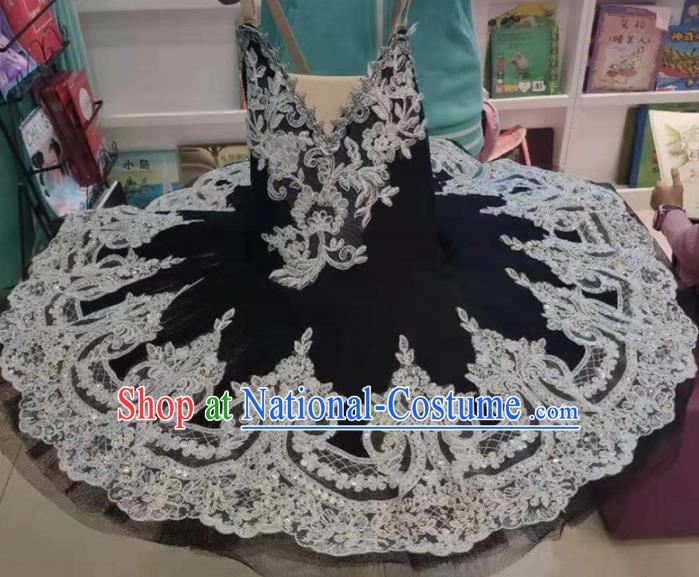 Professional Ballet Dance Tutu Embroidered Black Short Dress Modern Dance Ballerina Stage Performance Costume for Kids