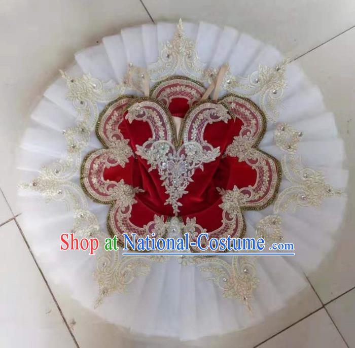 Professional Ballet Dance Tutu Embroidered Red Velvet Short Dress Modern Dance Ballerina Stage Performance Costume for Kids