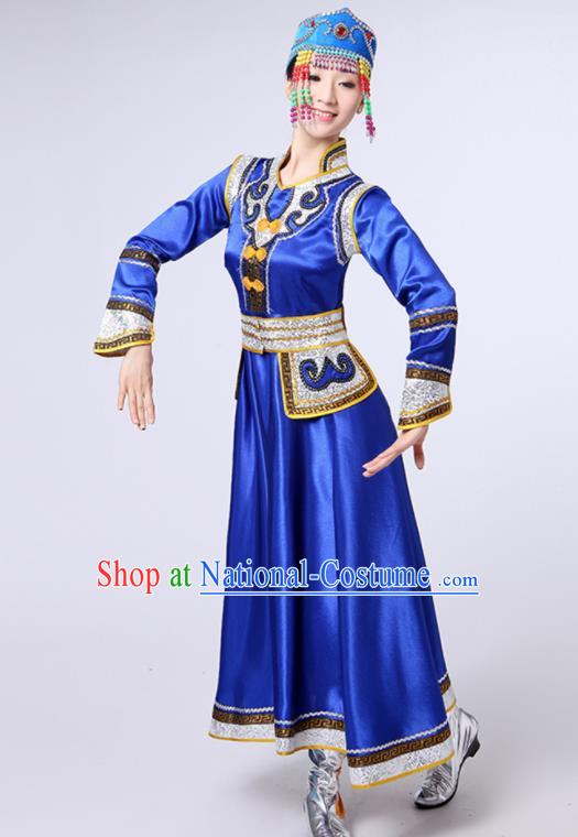 Chinese Traditional Mongol Nationality Royalblue Dress Mongolian Ethnic Folk Dance Costume for Women