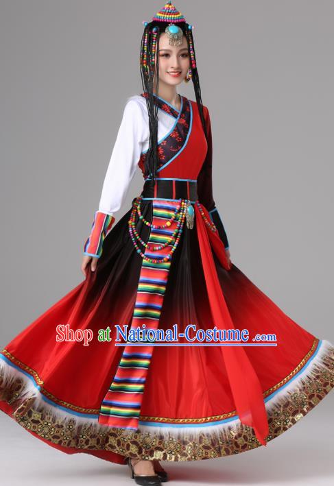 Chinese Traditional Zang Nationality Red Dress Tibetan Ethnic Folk Dance Costume for Women