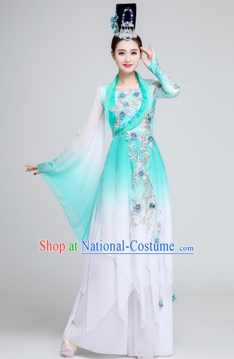 Chinese Traditional Classical Dance Fan Dance Green Dress Umbrella Dance Stage Performance Costume for Women