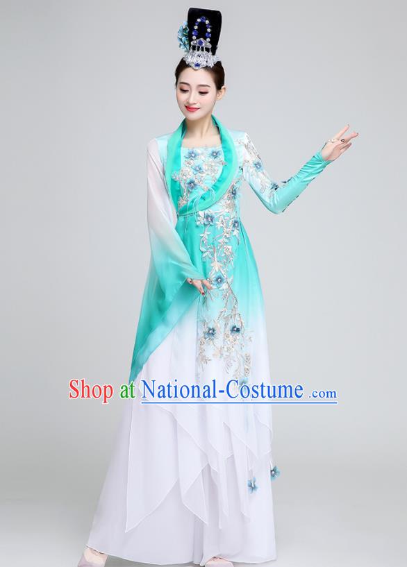 Chinese Traditional Classical Dance Fan Dance Green Dress Umbrella Dance Stage Performance Costume for Women