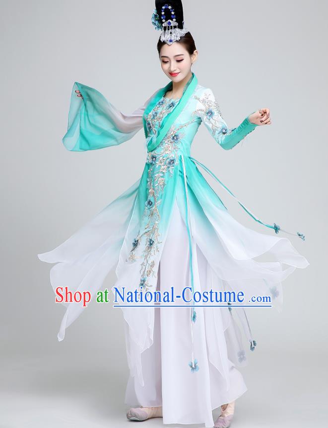 Chinese Traditional Classical Dance Fan Dance Green Dress Umbrella Dance Stage Performance Costume for Women