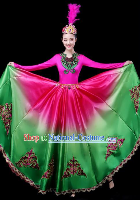 Chinese Traditional Xinjiang Uyghur Nationality Green Dress Ethnic Folk Dance Costume for Women