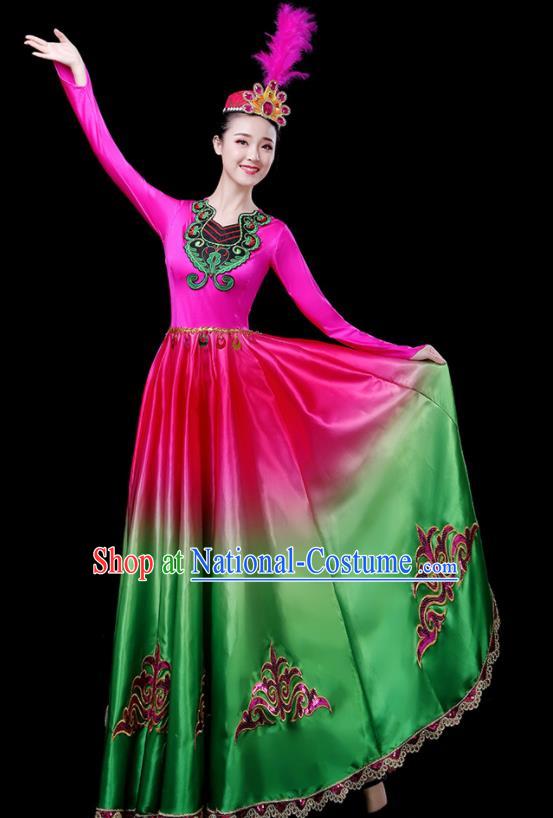 Chinese Traditional Xinjiang Uyghur Nationality Green Dress Ethnic Folk Dance Costume for Women