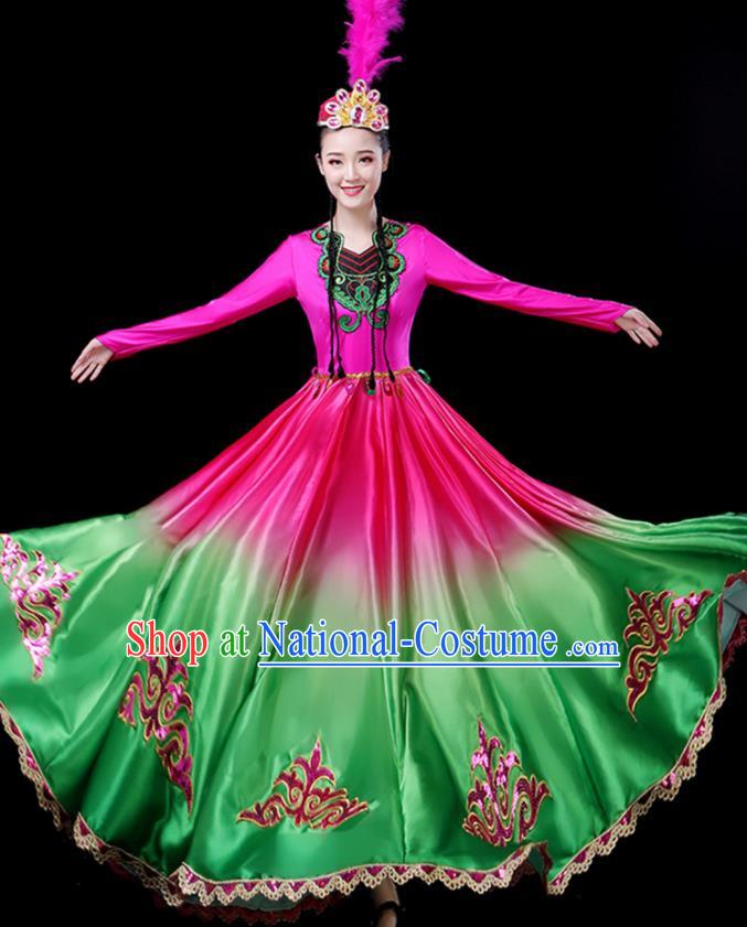 Chinese Traditional Xinjiang Uyghur Nationality Green Dress Ethnic Folk Dance Costume for Women