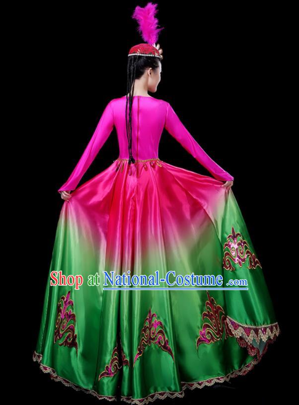 Chinese Traditional Xinjiang Uyghur Nationality Green Dress Ethnic Folk Dance Costume for Women