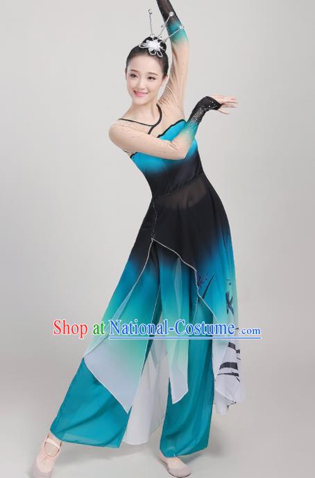 Chinese Traditional Yangko Dance Fan Dance Blue Outfits Folk Dance Stage Performance Costume for Women