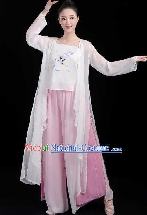 Chinese Traditional Classical Dance Fan Dance White Outfits Stage Performance Costume for Women