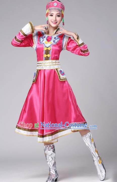 Chinese Traditional Mongol Nationality Stage Show Rosy Short Dress Mongolian Ethnic Folk Dance Costume for Women