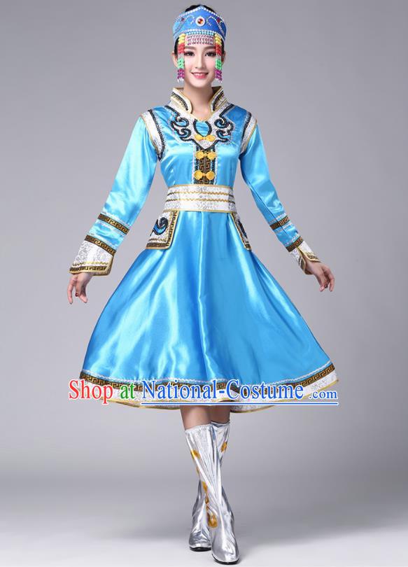 Chinese Traditional Mongol Nationality Stage Show Blue Short Dress Mongolian Ethnic Folk Dance Costume for Women