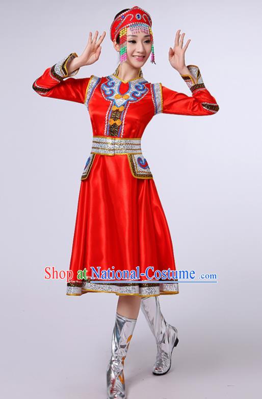 Chinese Traditional Mongol Nationality Stage Show Red Short Dress Mongolian Ethnic Folk Dance Costume for Women