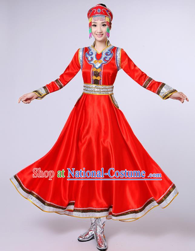 Chinese Traditional Mongol Nationality Red Dress Mongolian Ethnic Folk Dance Costume for Women